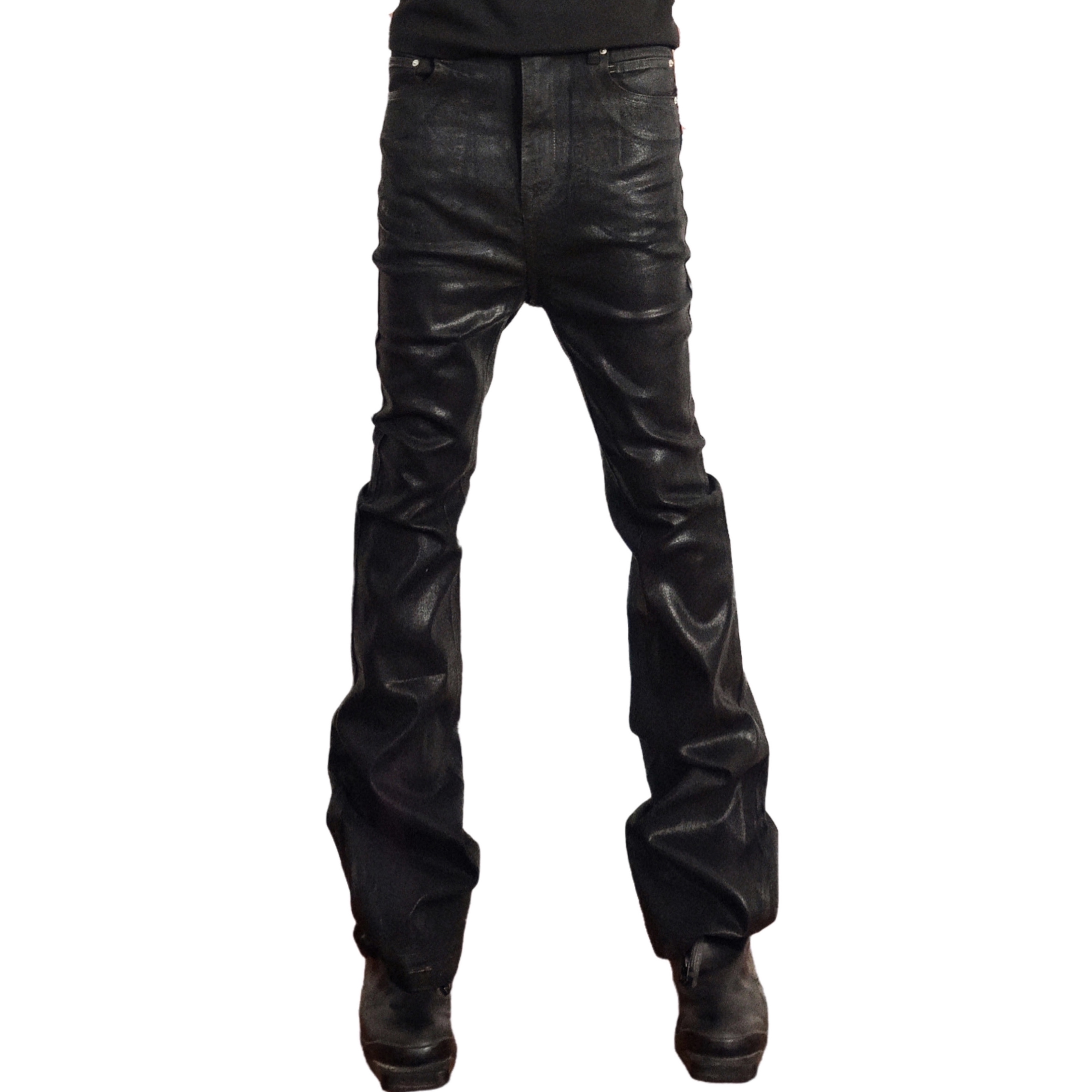 PunkFK亮蜡面涂层微喇拉链牛仔裤