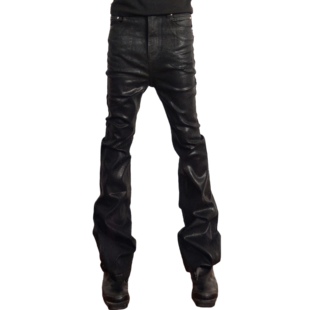 PunkFK亮蜡面涂层微喇拉链牛仔裤微弹力立体剪裁修身
