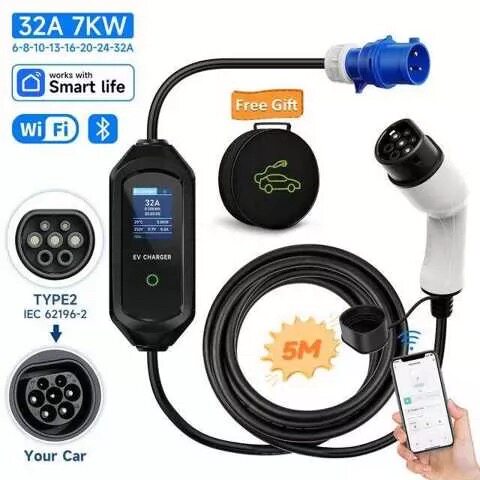 新能源汽车充电器7kw欧标便携式可调节电流10-32A屏显家用便携式