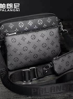 新潮牌男士真皮小包黑花三合一手包休闲男包时尚邮差单肩包斜挎包