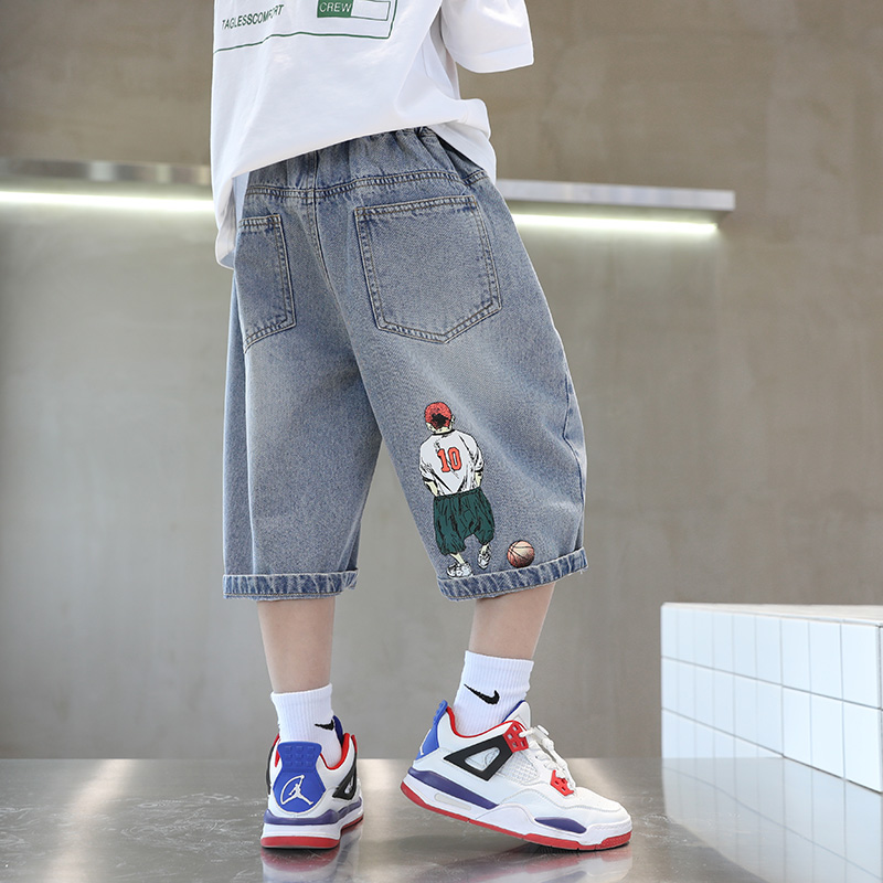 儿童软牛仔裤男童中裤2025新款夏季薄款裤子卡通阔腿裤夏装七分裤