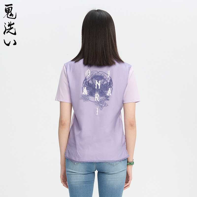 ONIARAI/鬼洗24春夏女款剪纸蝴蝶透明网纱短袖印花T恤 B840240