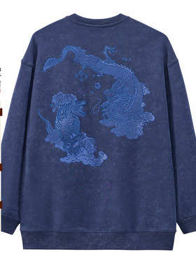 ONIARAI/鬼洗24秋冬新品泥棒蓝暗影龙虎斗绣花圆领男卫衣 24NOB64