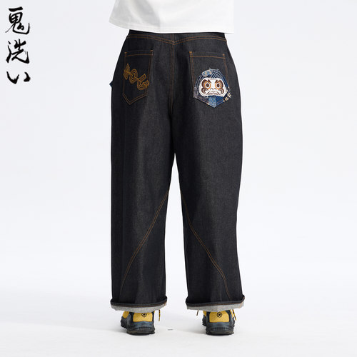 ONIARAI/鬼洗26春季棒系列复古花布达摩弧形分割牛仔裤男 26N4403