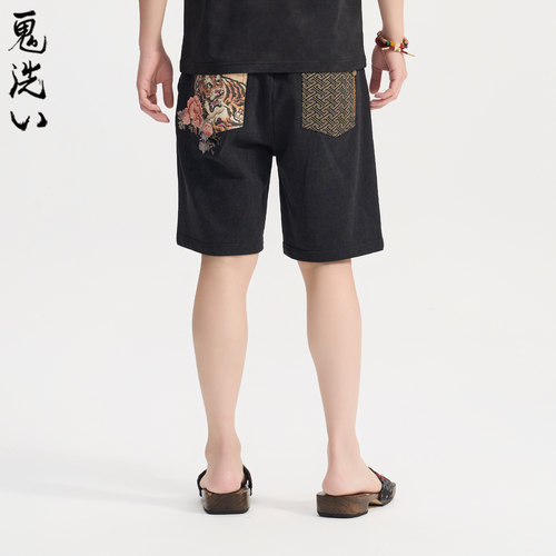 ONIARAI/鬼洗26春夏新品泥棒蓝虎气满满绣花针织短裤男式 N540187