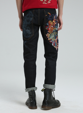 ONIARAI/鬼洗春季新品泥棒蓝斗鸡绣花直筒牛仔裤男士长裤21N7401