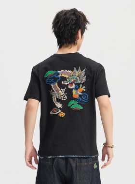 ONIARAI/鬼洗26春夏新品泥棒蓝龙凤呈祥绣花短袖T恤男 26NOB36