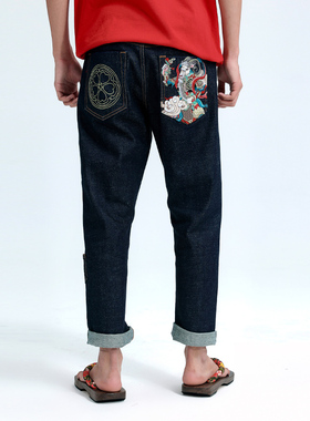 ONIARAI/鬼洗SS泥棒蓝招财年画红布边牛仔裤男款 23N5401