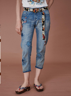 oniarai鬼洗 夏季新品泥棒蓝樱花补丁女士牛仔裤男友裤 21N7402