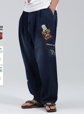 oniarai鬼洗丘比联名棒系列达摩虎印绣花男士牛仔裤潮牌男21N4402