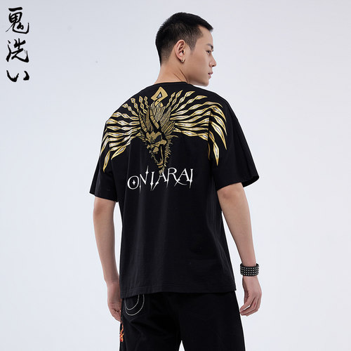 鬼洗黑金机甲翅膀跨片宽松T恤