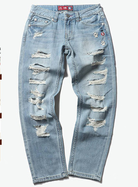 oniarai鬼洗 秋季潮流 女士牛仔长裤 泥棒蓝灵猫破洞裤女 9N7411