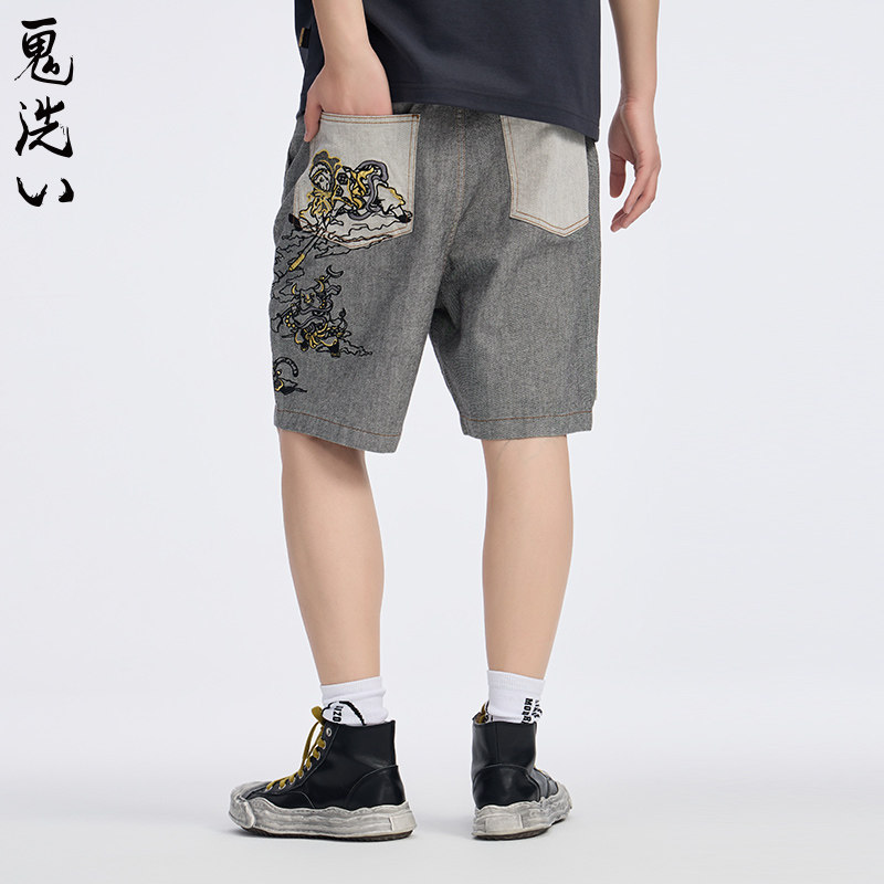ONIARAI/鬼洗25春夏新品泥棒蓝十二神绣花宽松牛仔短裤男 25N0544