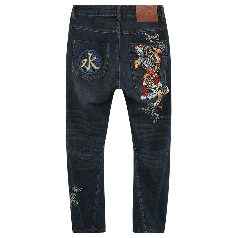 ONIARAI/鬼洗春夏泥棒蓝鲤鱼精工印绣花男士牛仔裤潮牌 22N0641