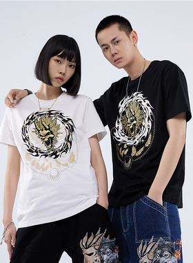 ONIARAI/鬼洗SS黑金火焰亮片刺绣短袖T恤男女同款 B840205