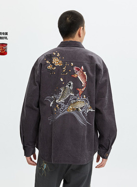 ONIARAI/鬼洗24泥棒蓝五彩鸿运鲤绣花灯芯绒衬衫秋男式  N140028