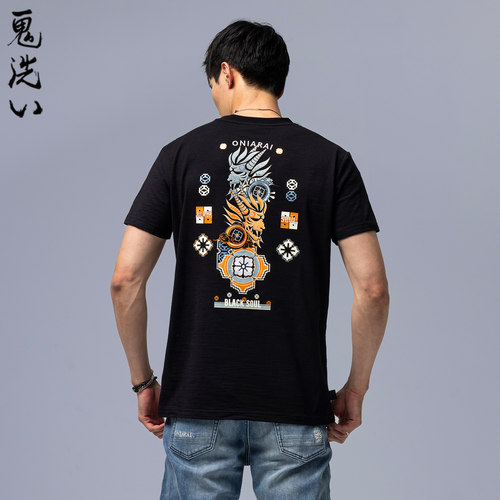 ONIARAI/鬼洗26春夏新品鬼洗和艺术十字绣双鬼头短T男 W830116