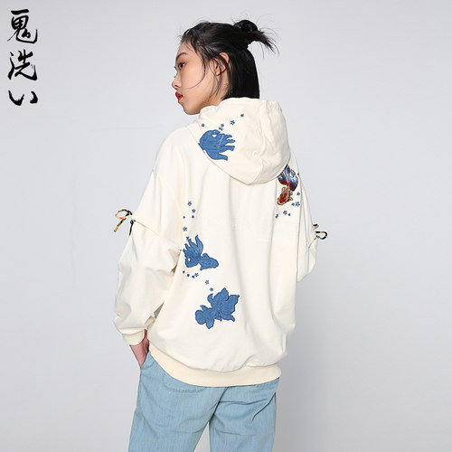 鬼洗泥棒蓝街头宽松刺绣卫衣棉