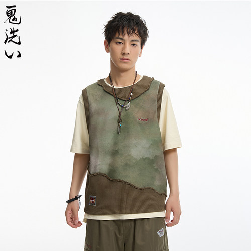 ONIARAI/鬼洗黑标石器时代森林迷彩散口针织背心男式 A640001
