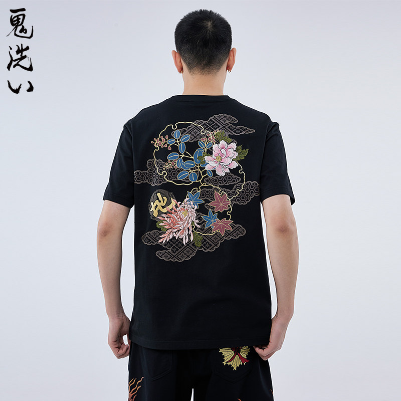 ONIARAI/鬼洗春夏泥棒蓝五福地之卷绣花短袖男士T恤 N840207