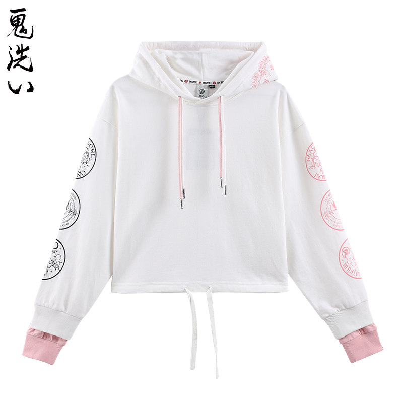 oniarai鬼洗春季鬼洗印花女士双袖连帽套头卫衣 B240037
