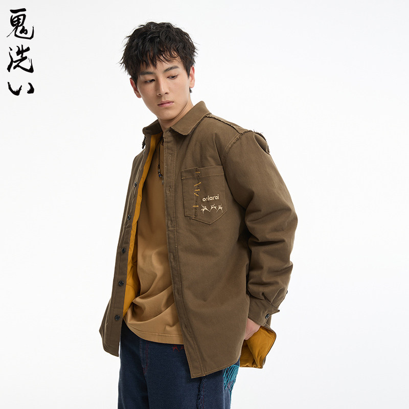 ONIARAI/鬼洗黑标石器时代同乐壁画印花夹棉衬衫外套男式 A340008
