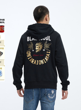 ONIARAI/鬼洗25秋季新品黑金老鹰笑脸字母连帽套头卫衣男 B24U203