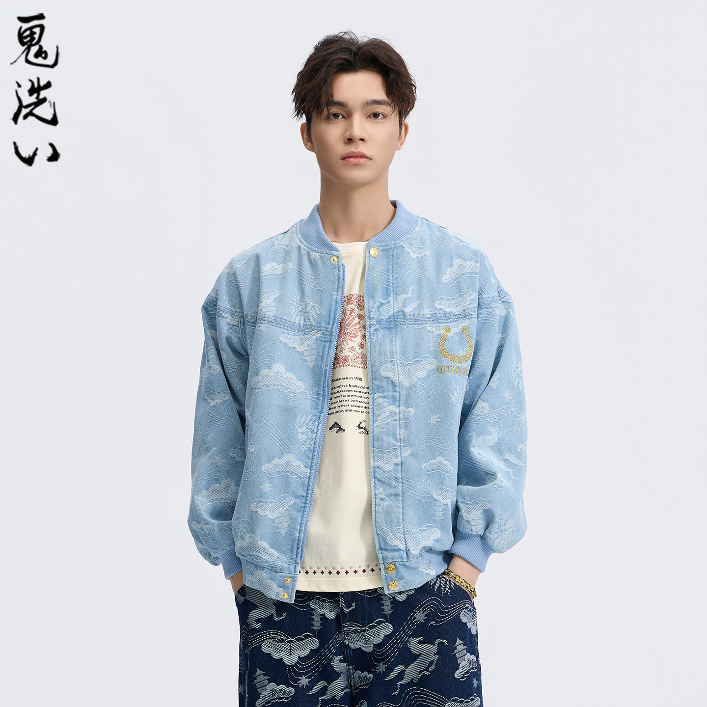 ONIARAI/鬼洗26春季马纹松叶提织金马蹄棒球领牛仔外套男 B340250