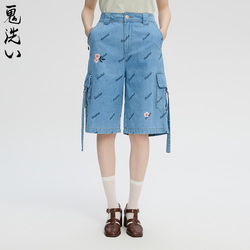 ONIARAI/鬼洗24春夏女款满印樱花高腰牛仔5分休闲短裤 24B0541