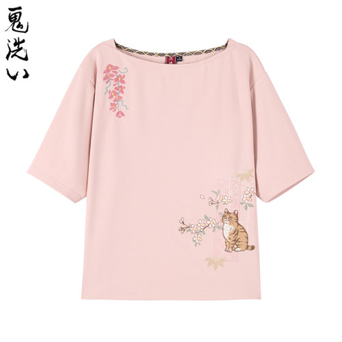 ONIARAI/鬼洗26春夏上新泥棒蓝女款躲猫猫绣花短袖T恤女 N840310