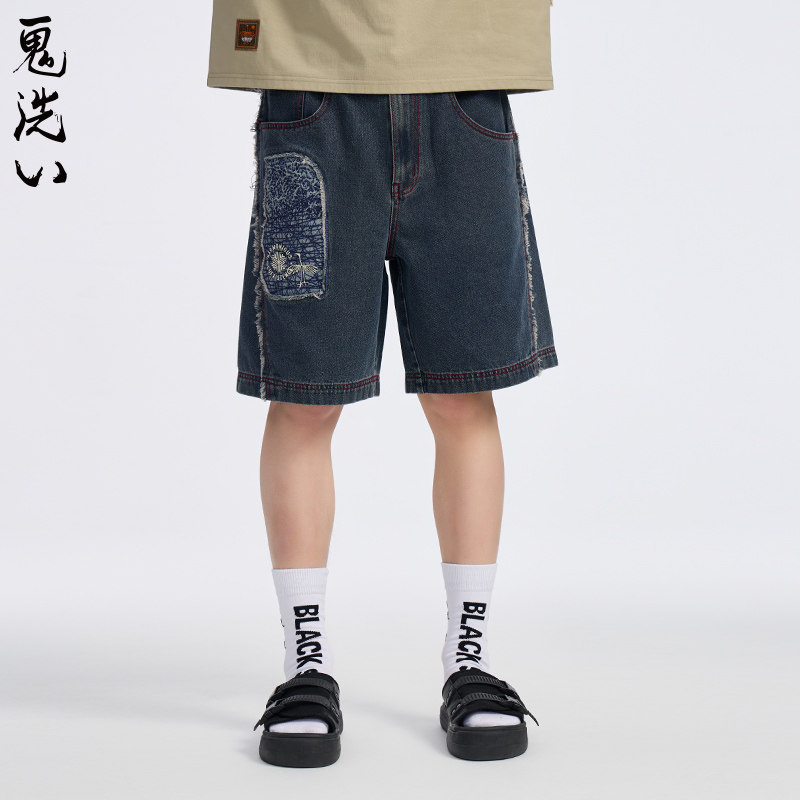 ONIARAI/鬼洗黑标春夏石化古乌标语做旧水洗牛仔短裤男式 24A0544