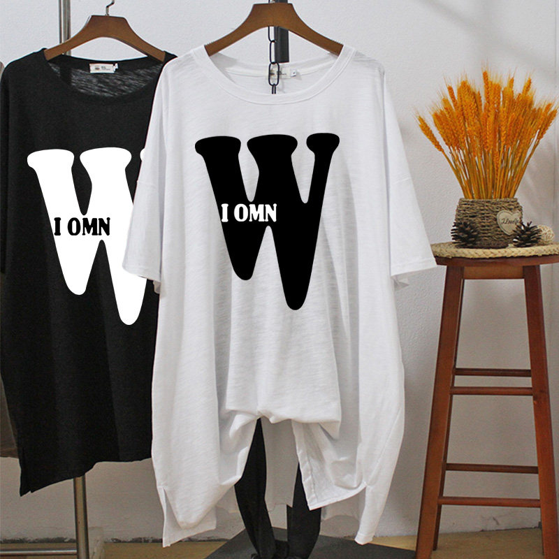 胖mm长款t恤女遮屁股配鲨鱼裤上衣夏季薄款竹节棉短袖宽松大码潮