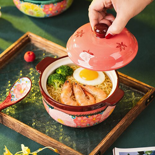 手绘泡面碗陶瓷带盖打饭专用碗