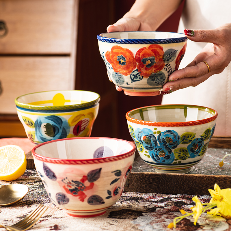 手绘釉下复古陶瓷家用餐具饭碗