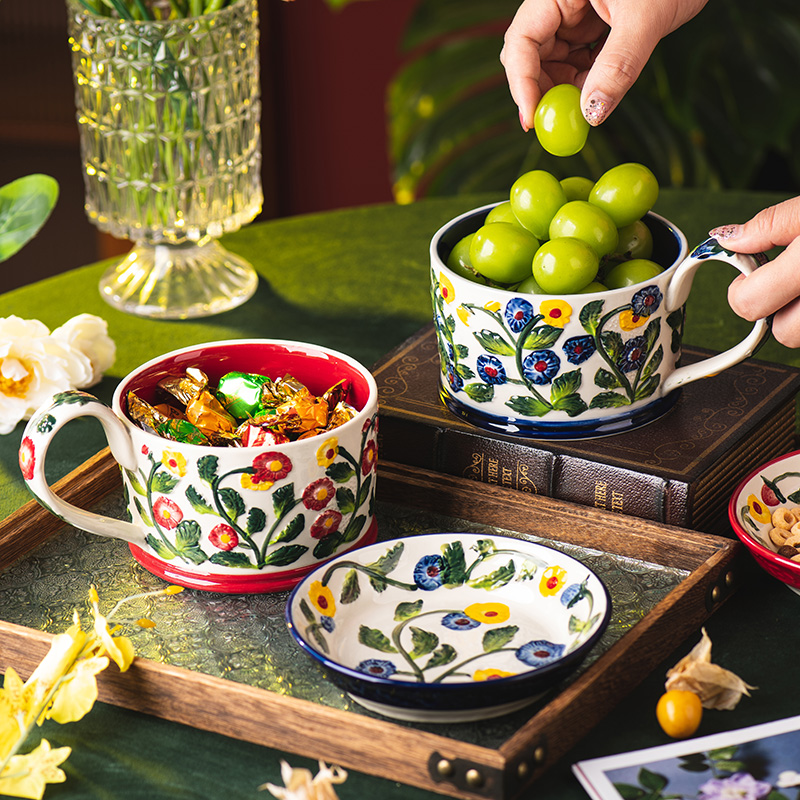 陶瓷水果碗家用手柄碗复古餐具