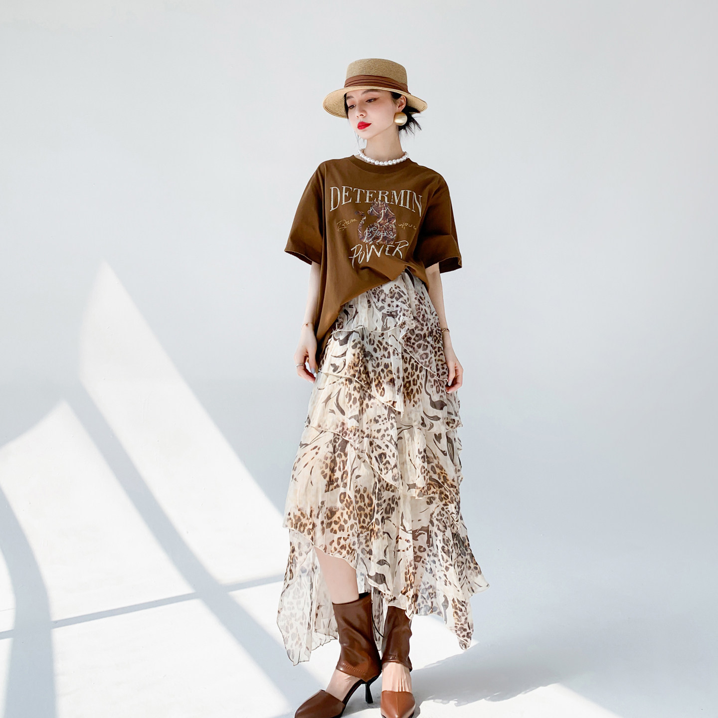 AKSAYA设计感不规则豹纹印花雪纺长裙女显瘦荷叶边高腰半身裙夏季