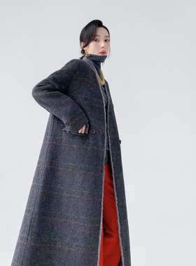 AKSAYA高级设计感宽松灰色双面呢大衣时尚中长款毛呢外套女秋冬季