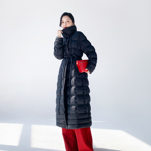 AKSAYA高端设计师款收腰显瘦中长款立领黑色羽绒服外套女冬季新款