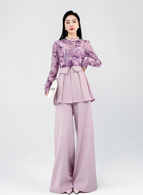 AKSAYA高级感时髦洋气紫色印花长袖T恤薄款高弹打底上衣女春秋季