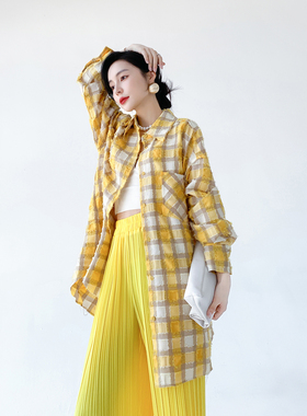 AKSAYA高级设计感小众中长款黄色格子衬衣时尚休闲衬衫女春秋季