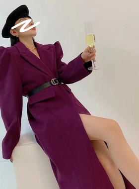 AKSAYA欧范高级时髦洋气紫色毛呢外套泡泡袖中长款呢子大衣女秋冬