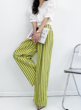 AKSAYA高级感港风复古时尚高腰黄色条纹裤子阔腿拖地长裤女夏季潮