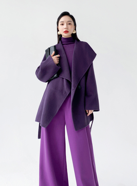 AKSAYA高端骆驼绒紫色双面呢大衣宽松系带毛呢外套女2025秋冬新款