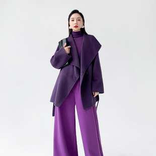 AKSAYA高端骆驼绒紫色双面呢大衣宽松系带毛呢外套女2025秋冬新款