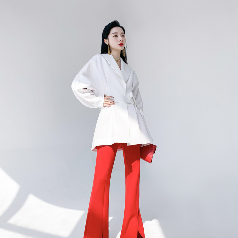AKSAYA高级设计感小众时尚系带蝙蝠袖轻熟风白色西装外套女春秋季