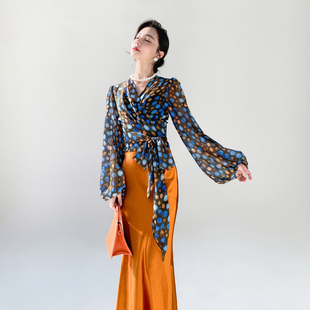 AKSAYA设计感小众港风时髦洋气波点印花衬衣系带雪纺衬衫女春夏季