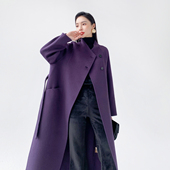 AKSAYA高端骆驼绒紫色双面呢大衣宽松中长款 赫本风毛呢外套女秋冬