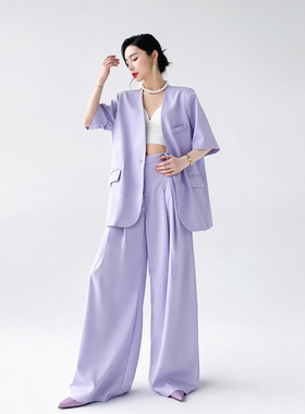 AKSAYA高级感时尚洋气高腰阔腿裤垂感紫色休闲长裤拖地裤子女夏季
