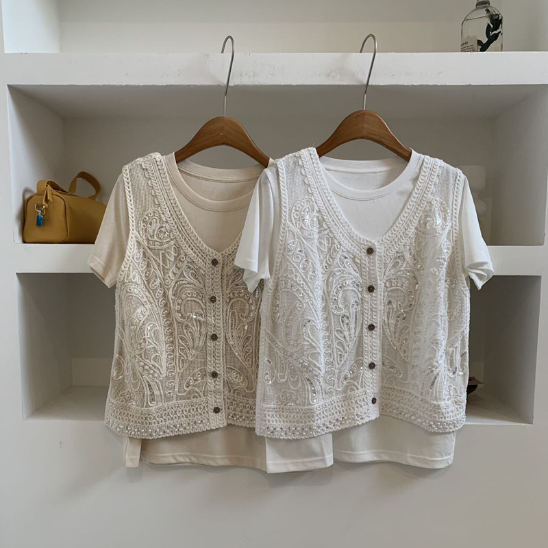 夏季新品时尚蕾丝镂空马甲两件套女夏圆领短袖钩花珠片刺绣针织衫