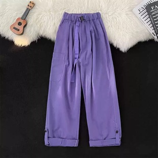 男宽松直筒纯色休闲长裤 2025夏季 裤 复古卷边多巴胺工装 男女 新款